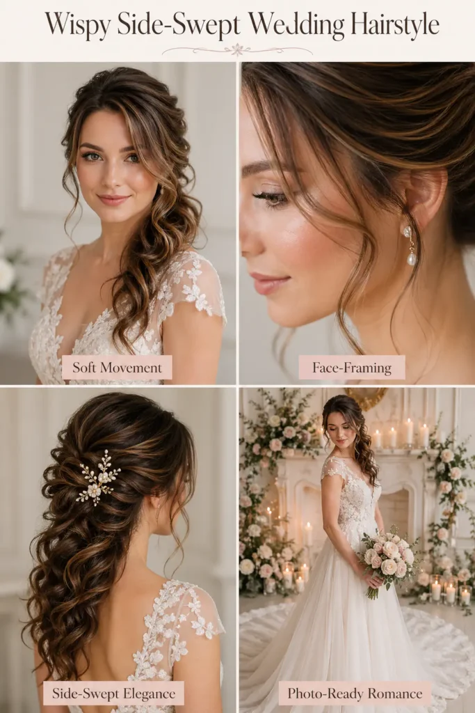 13. Wispy Side-Swept Wedding Hairstyle