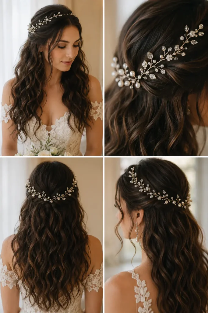 6. Air-Dried Waves with Bridal Hair Vine