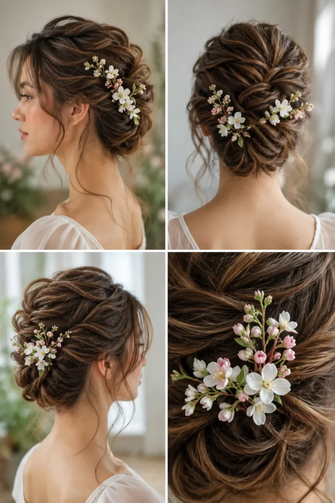 7. Airy French Twist with Spring Blossoms