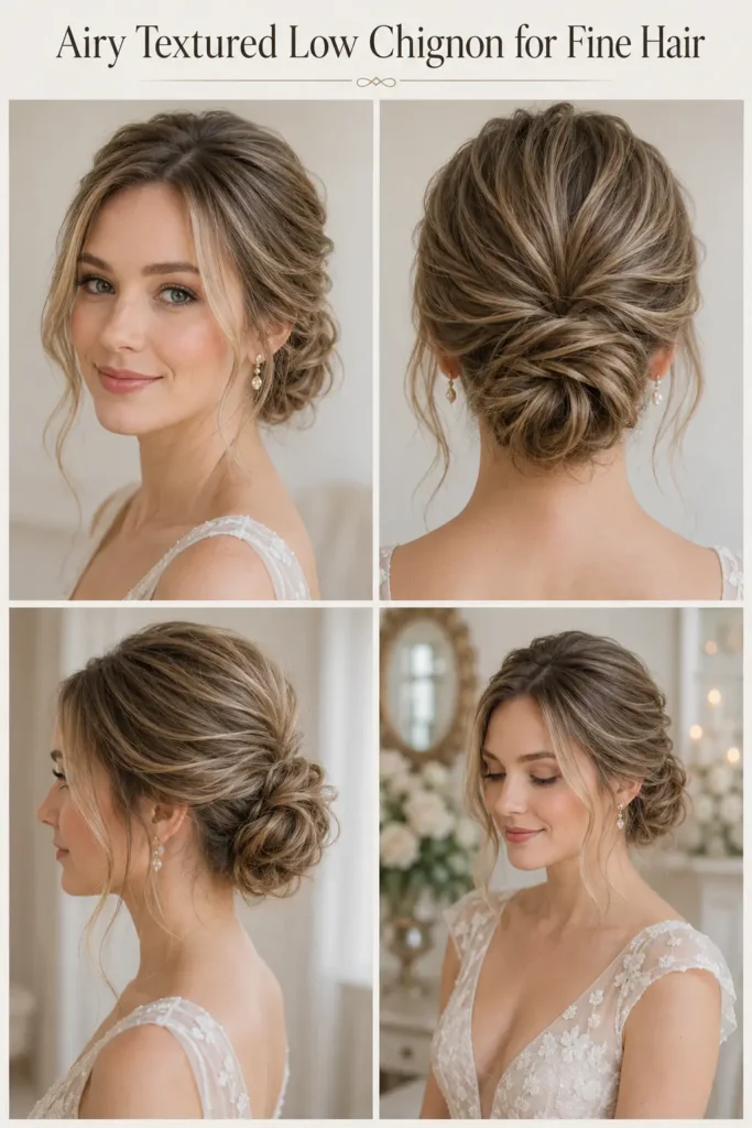 1. Airy Textured Low Chignon for Fine Hair