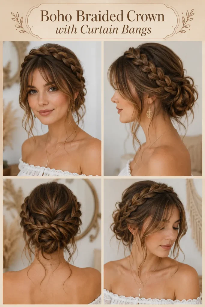 7. Boho Braided Crown with Curtain Bangs