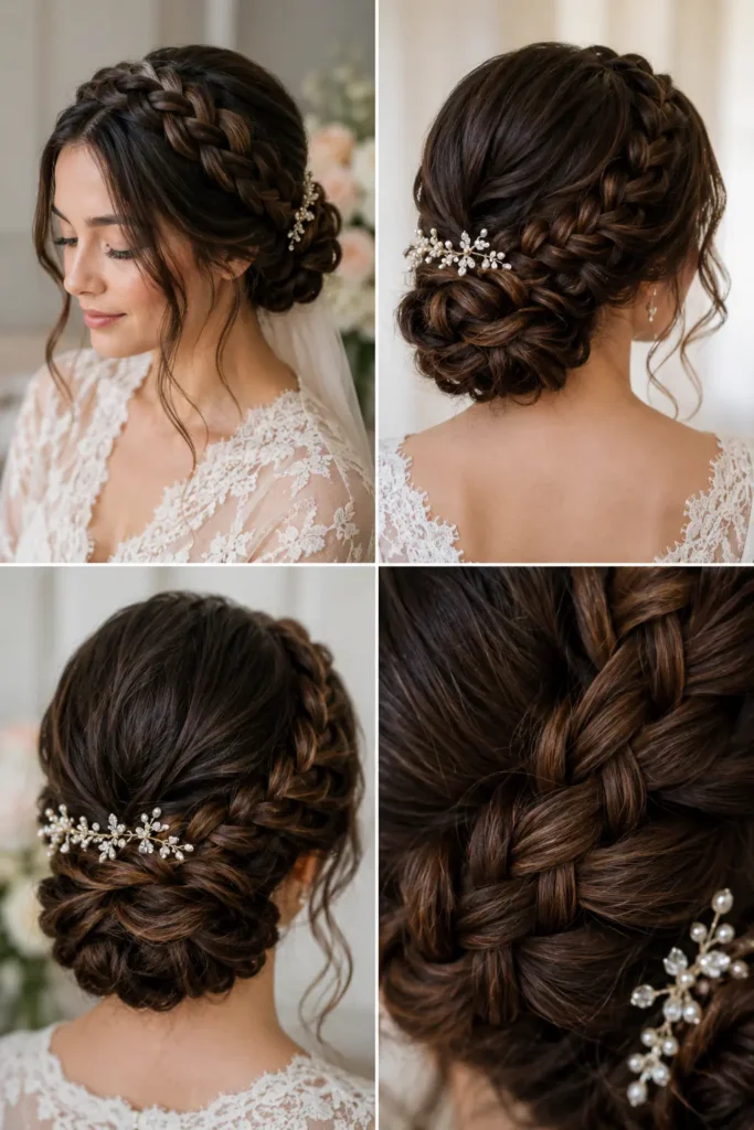 4. Braided Crown Bun for Romantic Wedding Mornings