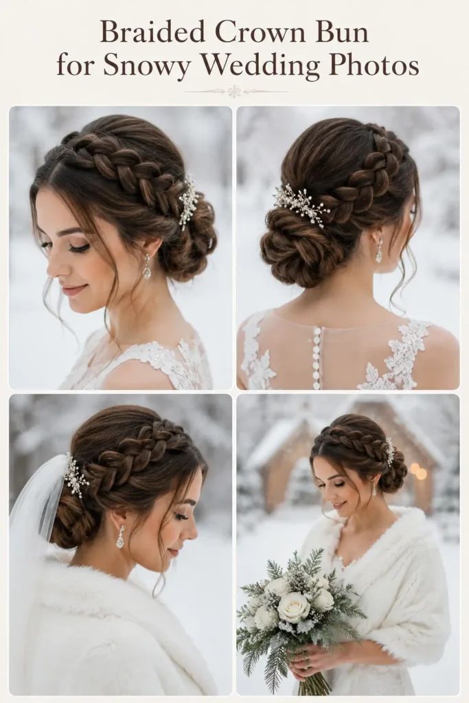 3. Braided Crown Bun for Snowy Wedding Photos