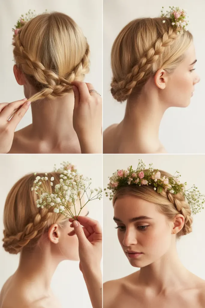 3. Braided Crown Hairstyle With Tiny Fresh Flowers