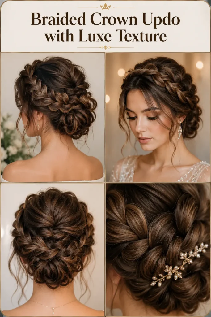 10. Braided Crown Updo with Luxe Texture