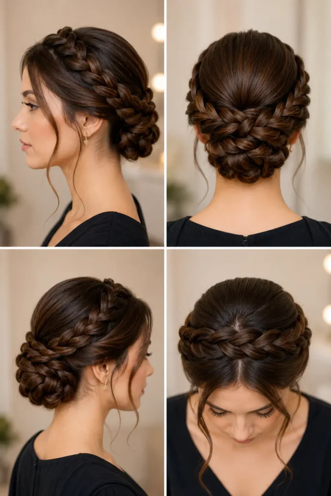 15. Braided Crown Updo with Polished Finish