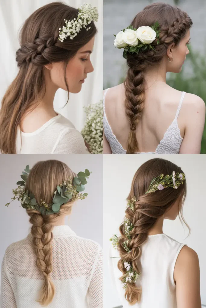 17. Braided Wedding Hairstyles for Long Hair with Floral Detail