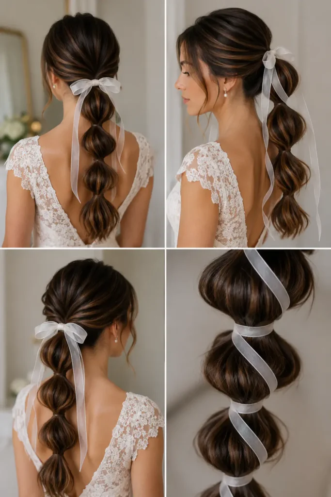 14. Bubble Ponytail with Bridal Ribbon