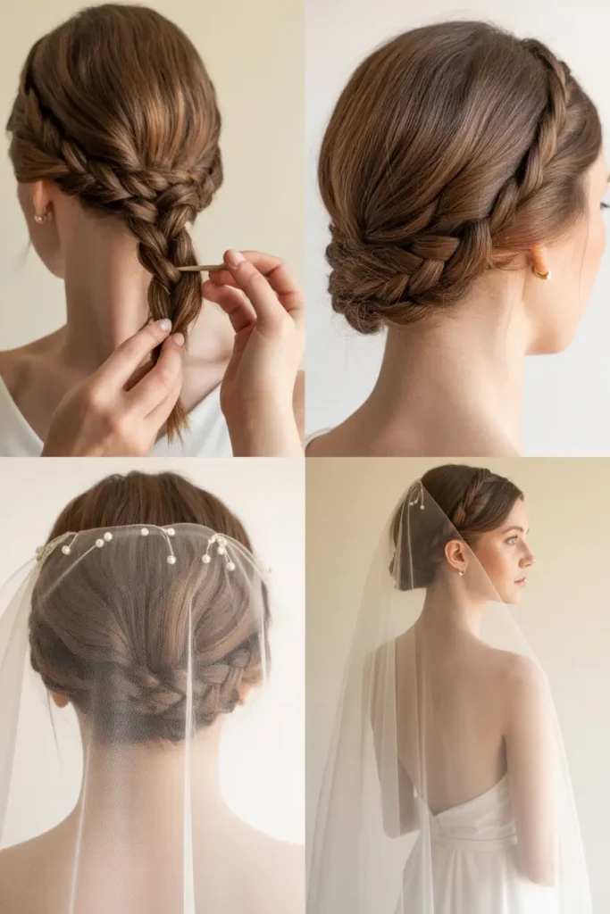 7. Classic French Braid Updo with Veil Placement