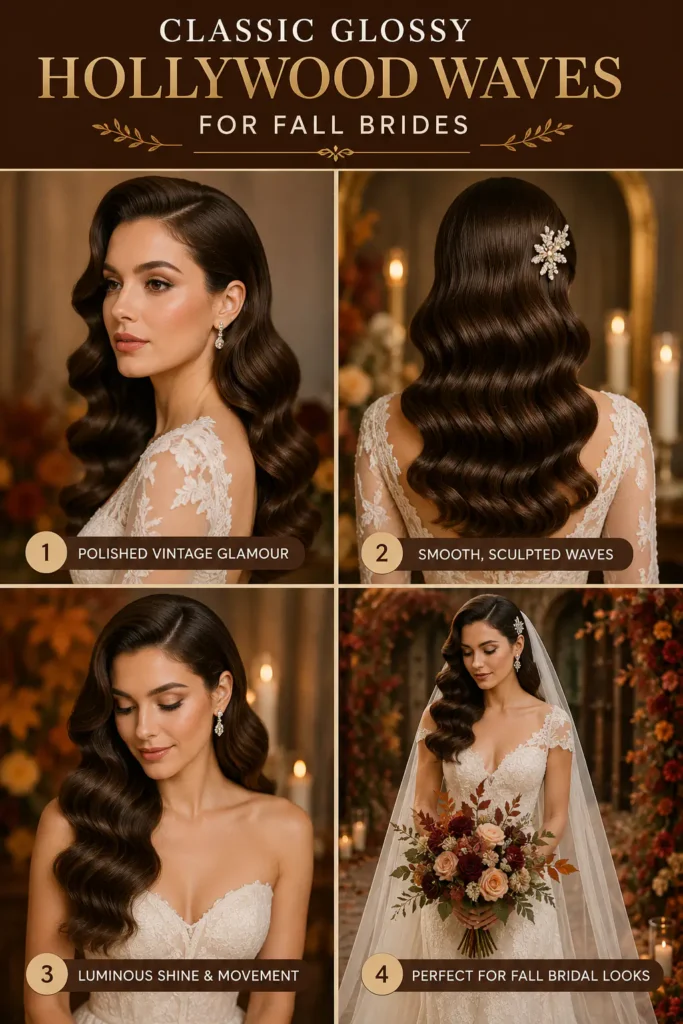 1. Classic Glossy Hollywood Waves for Fall Brides
