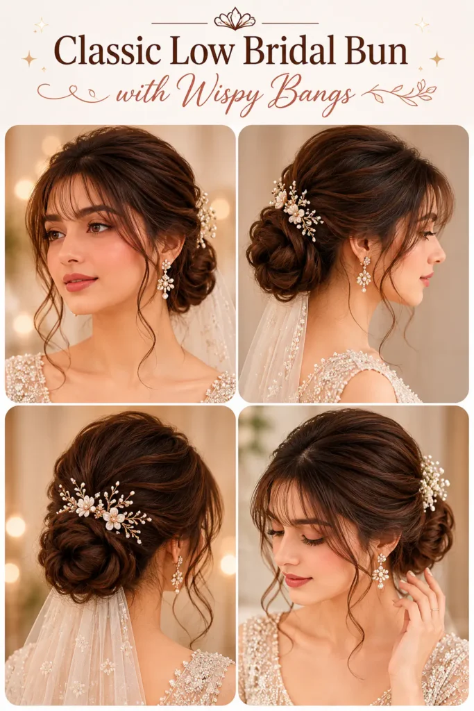 1. Classic Low Bridal Bun with Wispy Bangs