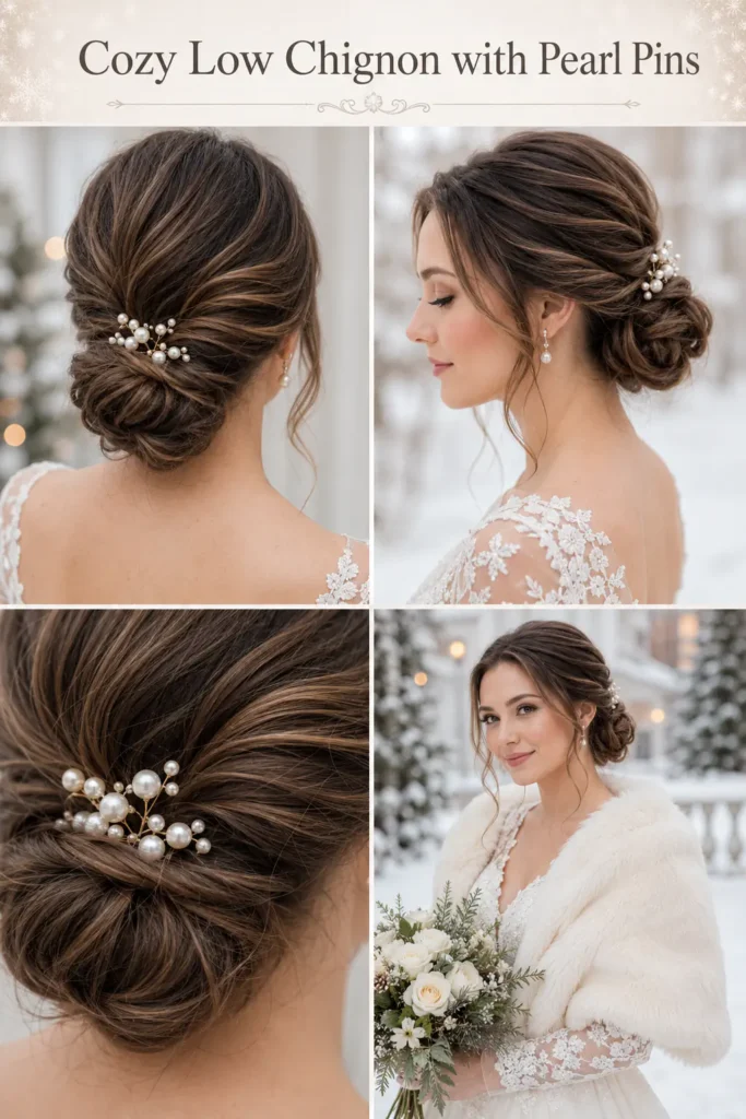 1. Cozy Low Chignon with Pearl Pins