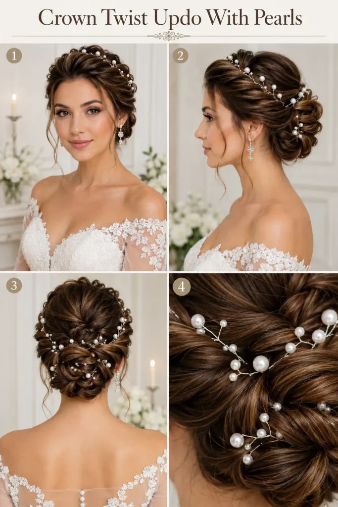1. Crown Twist Updo With Pearls