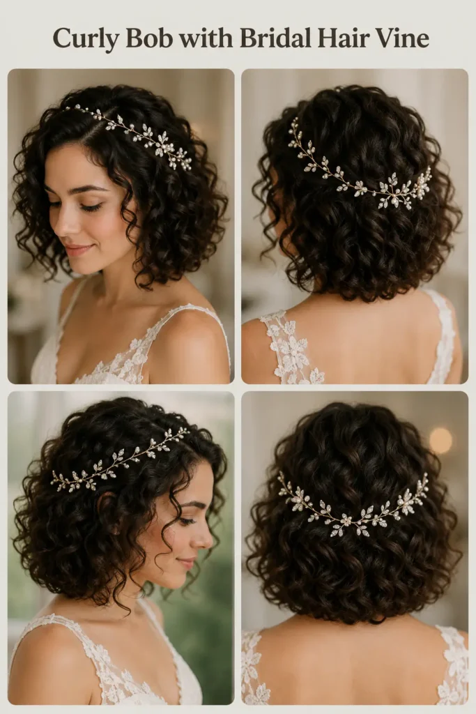 16. Curly Bob with Bridal Hair Vine