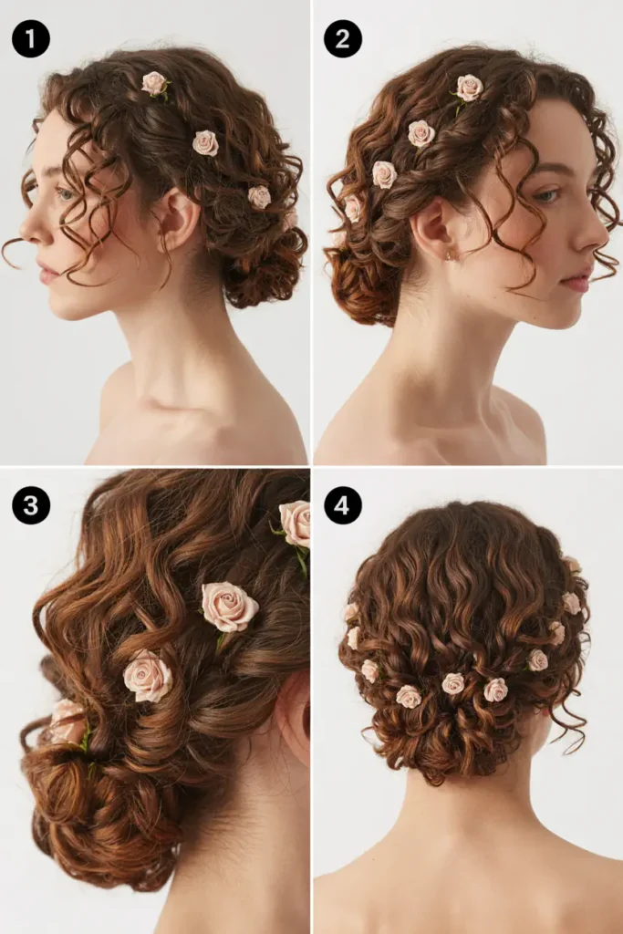 9. Curly Half-Up Hairstyle With Small Rose Details