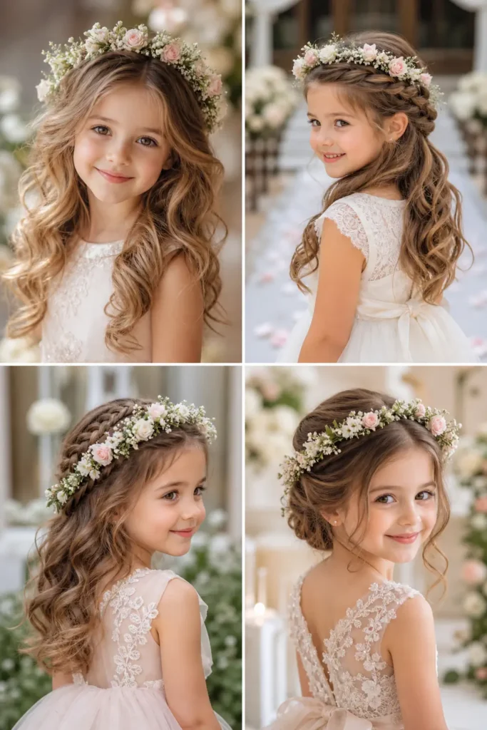 18. Cute Wedding Hairstyles for Flower Girls With Floral Crowns