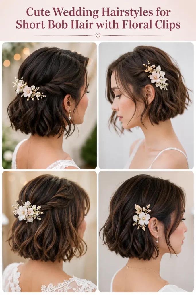 3. Cute Wedding Hairstyles for Short Bob Hair with Floral Clips