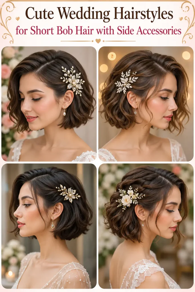 12. Cute Wedding Hairstyles for Short Bob Hair with Side Accessories