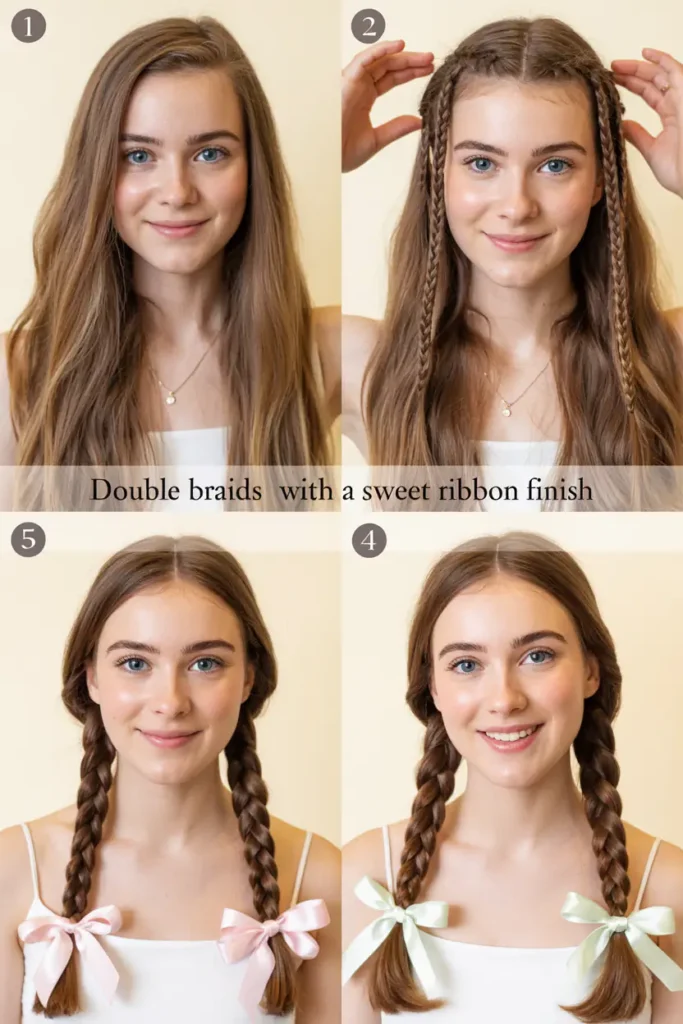 11. Double Braids With a Sweet Ribbon Finish