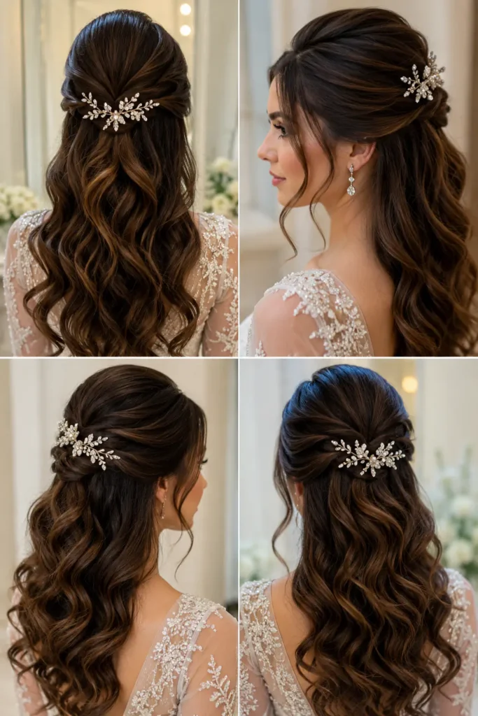 10. Elegant Half-Up Waves with Crystal Pins