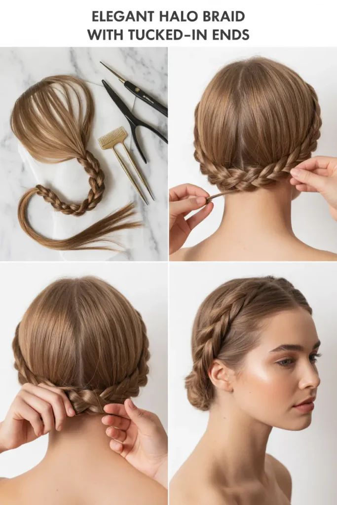 10. Elegant Halo Braid with Tucked-In Ends