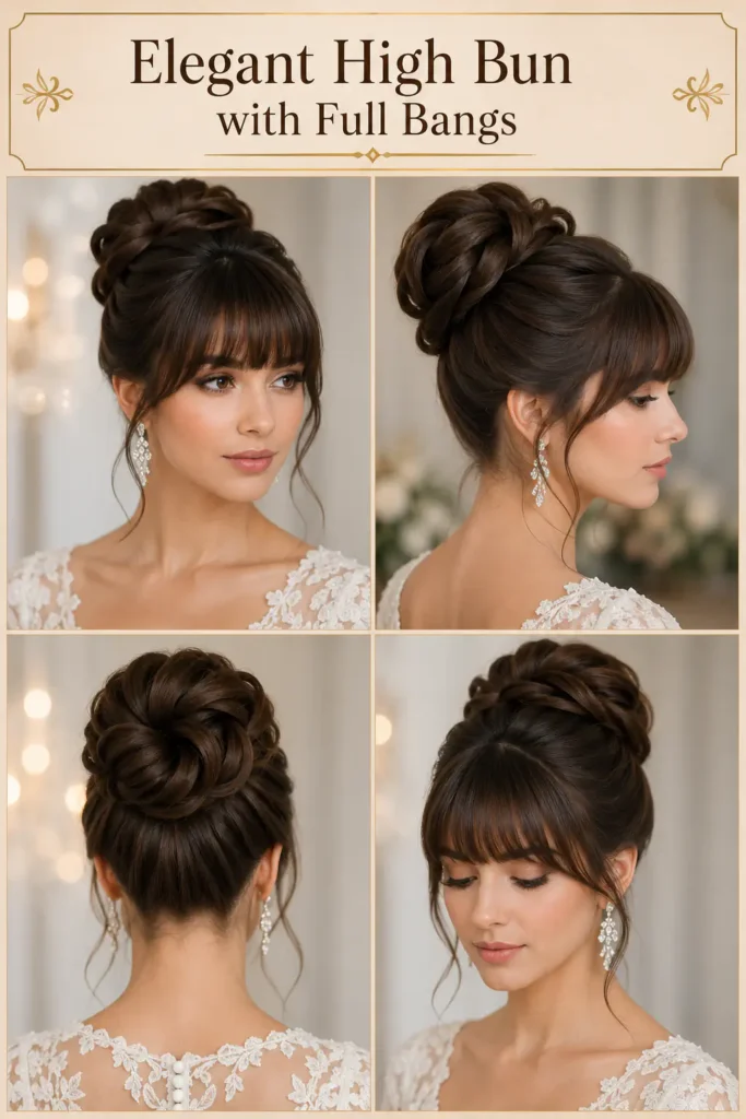 5. Elegant High Bun with Full Bangs
