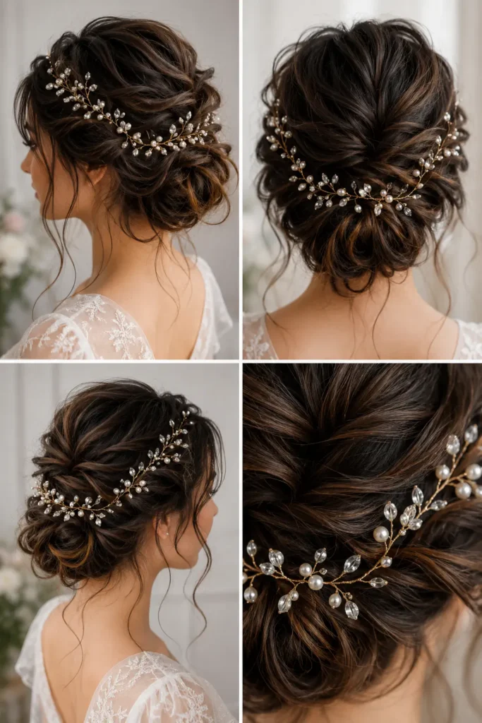 21. Elegant Loose Updo with Delicate Hair Vine