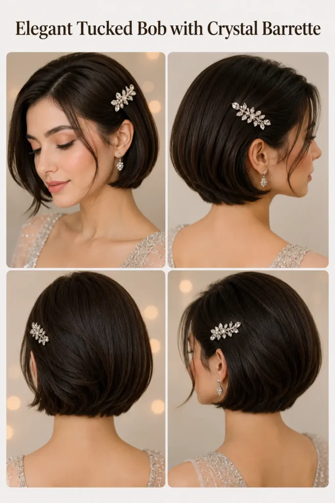 6. Elegant Tucked Bob with Crystal Barrette