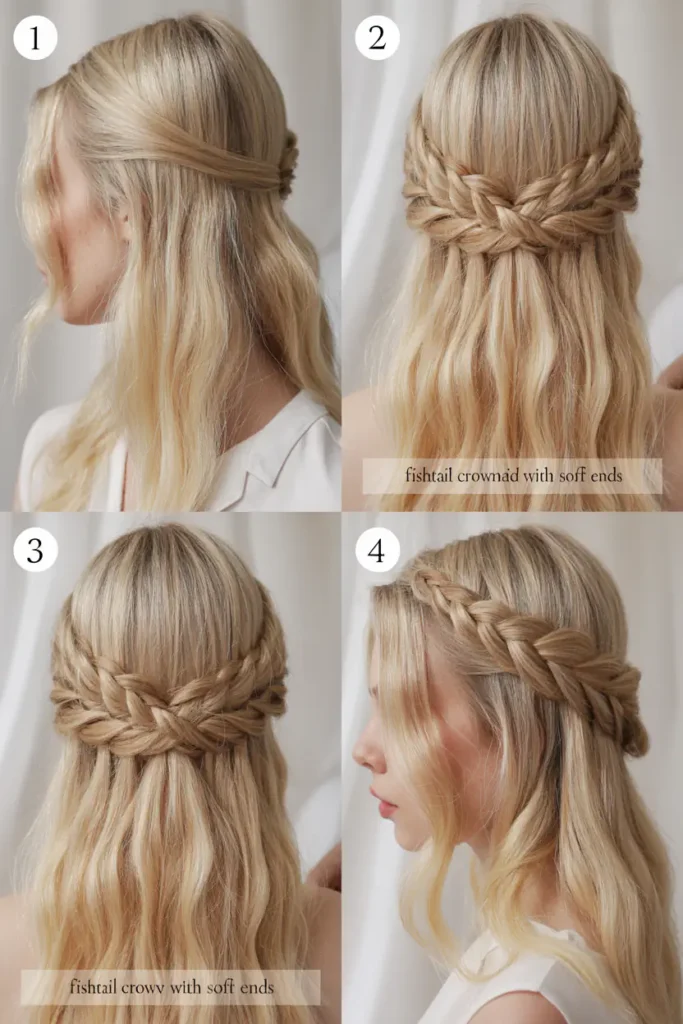 11. Fishtail Crown Braid With Soft Ends