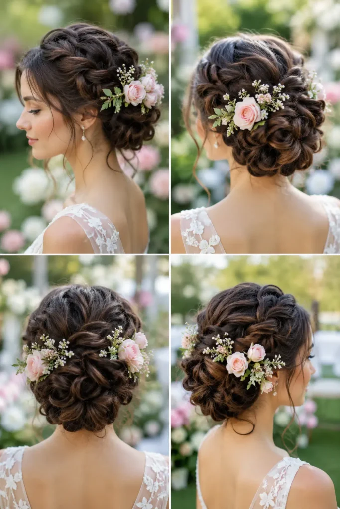 9. Floral Braided Updo for Garden Weddings