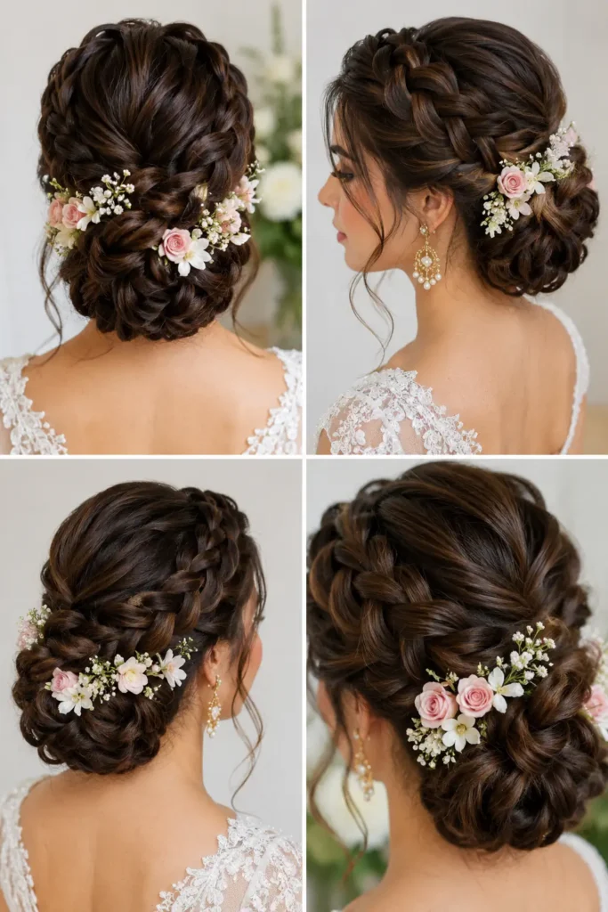 15. Floral Braided Updo for Long Thick Hair