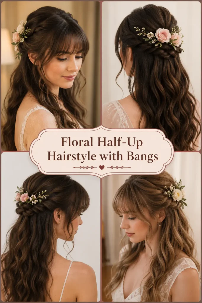 15. Floral Half-Up Hairstyle with Bangs