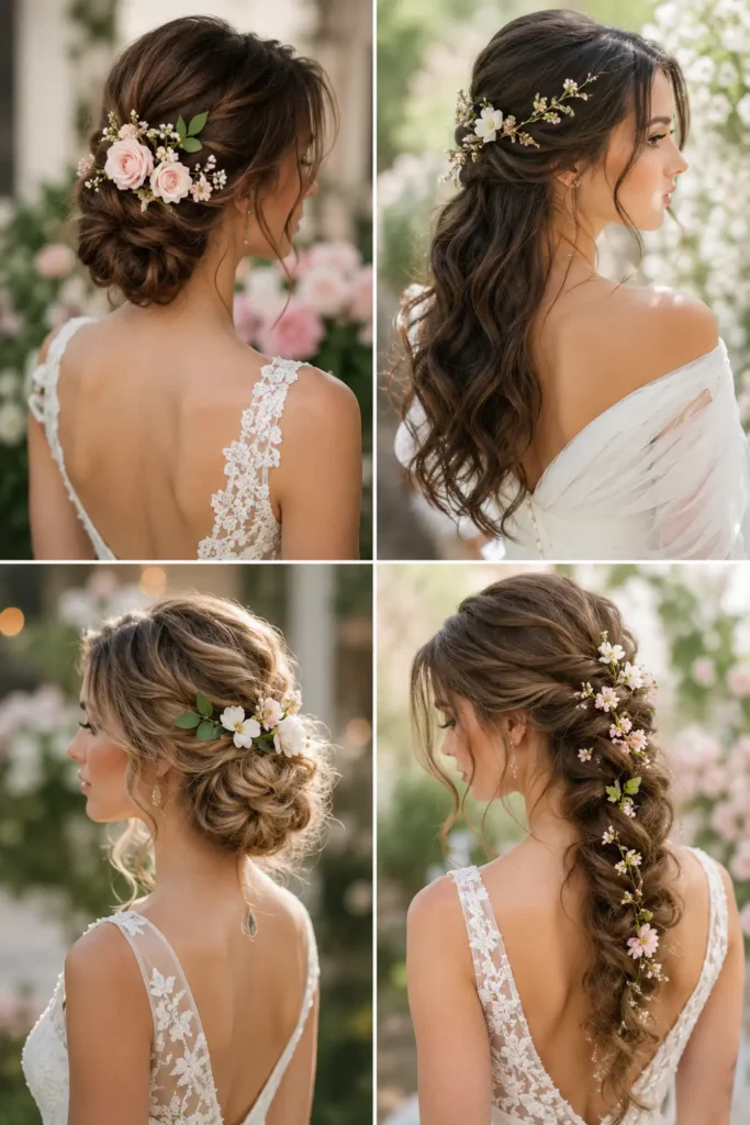 1. Fresh Wedding Hairstyles for Spring Weddings with Soft Floral Accents