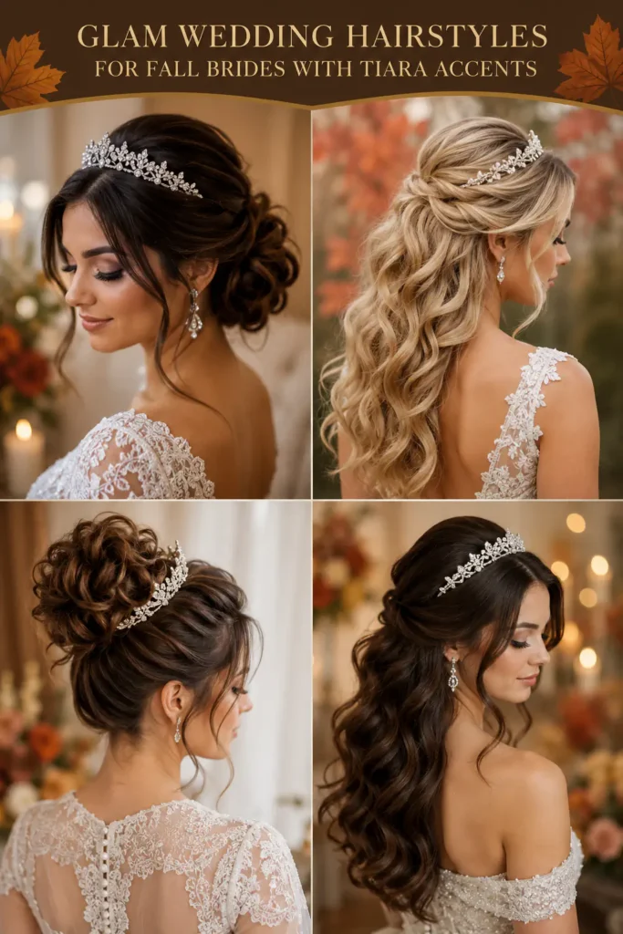 16. Glam Wedding Hairstyles for Fall Brides with Tiara Accents