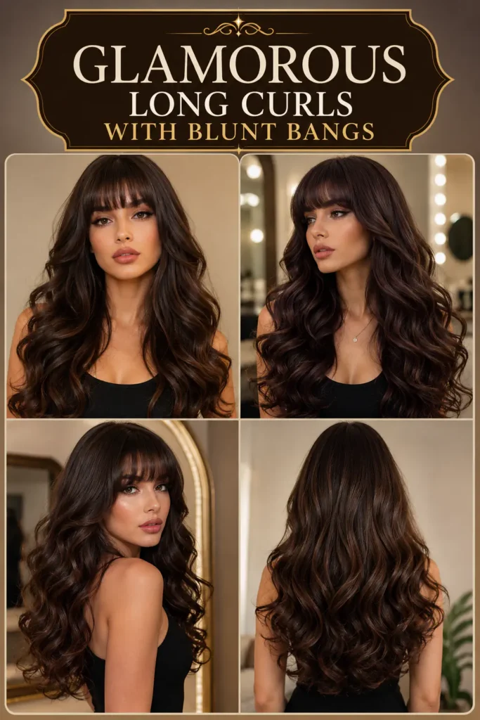 13. Glamorous Long Curls with Blunt Bangs