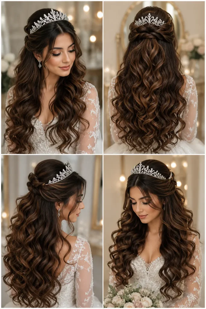 16. Glamorous Long Curls with Tiara
