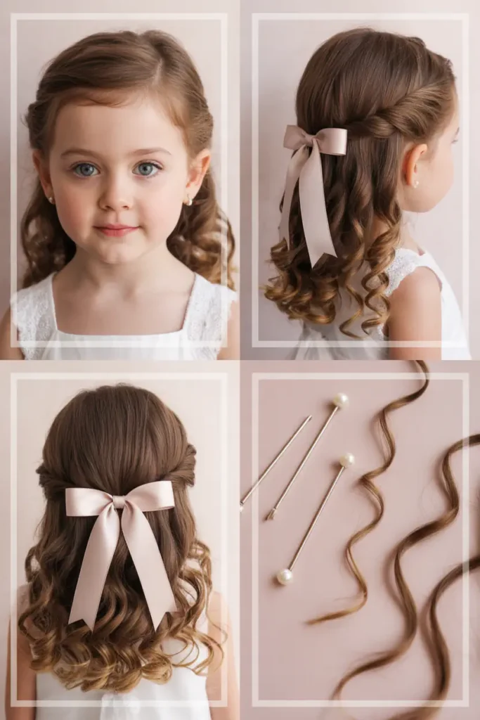 2. Half-Up Flower Girl Wedding Hairstyle With Ribbon Bow