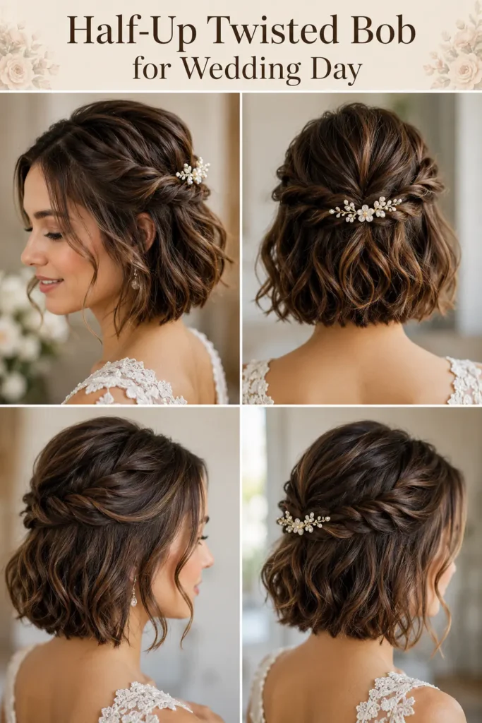 9. Half-Up Twisted Bob for Wedding Day