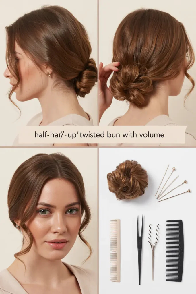 9. Half-Up Twisted Bun With Volume