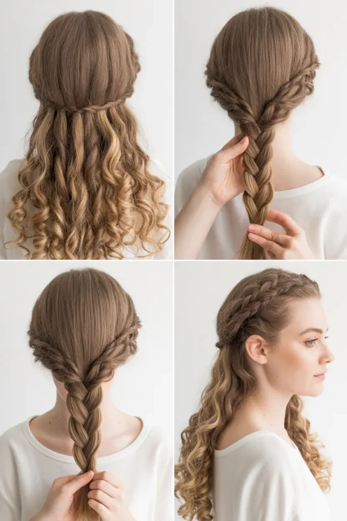 3. Half-Up Waterfall Braid with Cascading Curls