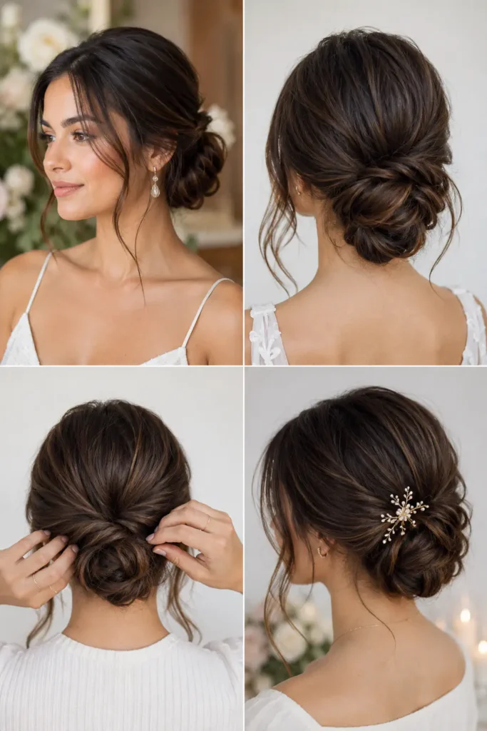 3. Heatless Low Chignon with Face-Framing Pieces