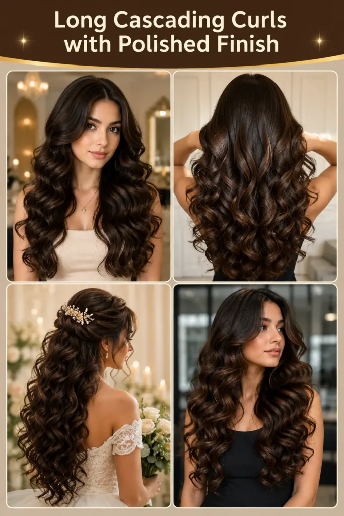 9. Long Cascading Curls with Polished Finish