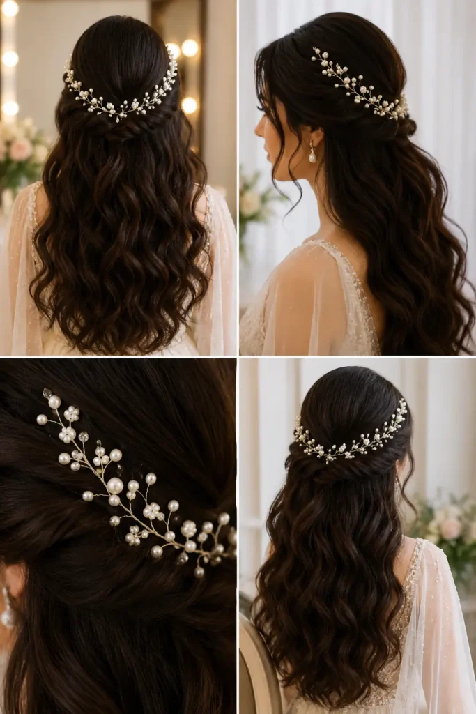7. Long Thick Hair with Pearl Hair Vine