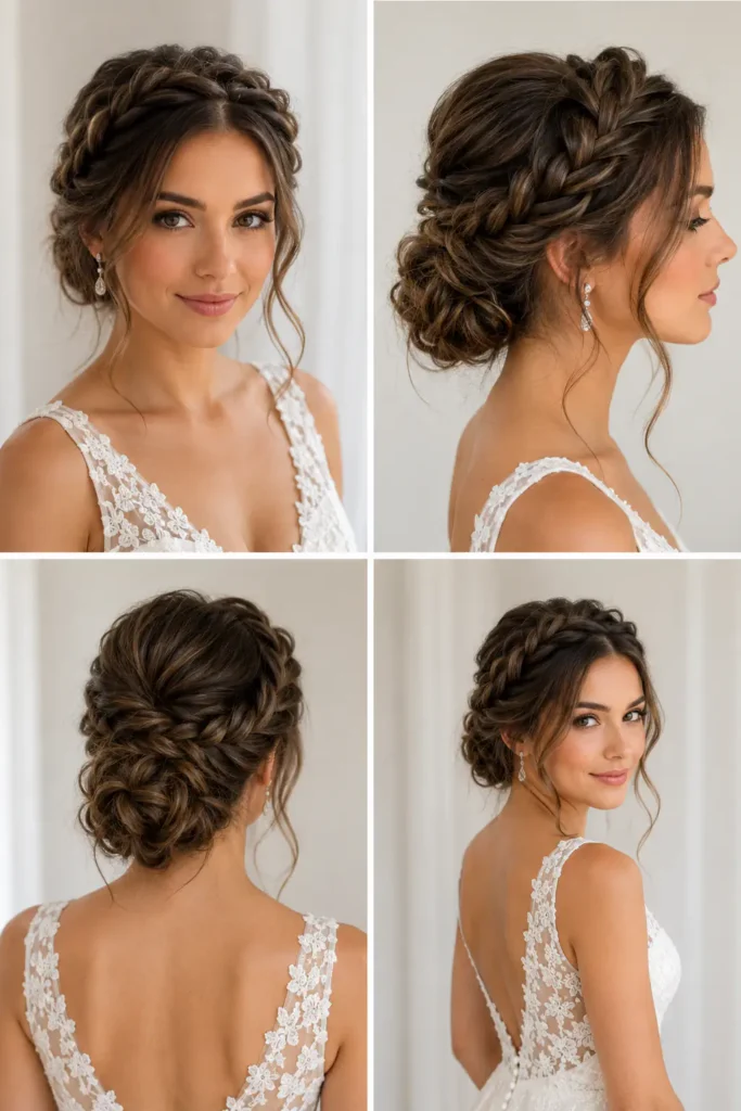 3. Loose Braided Crown with Low Textured Bun