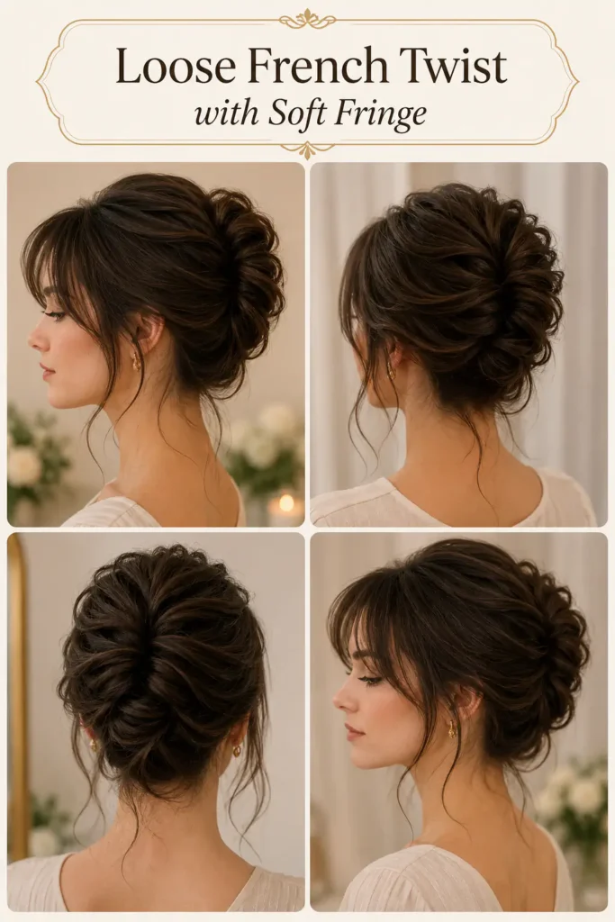 10. Loose French Twist with Soft Fringe