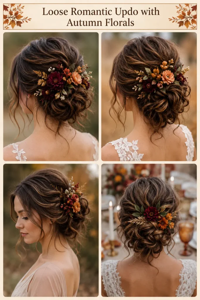 15. Loose Romantic Updo with Autumn Florals