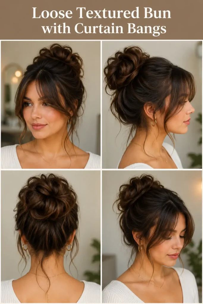 16. Loose Textured Bun with Curtain Bangs