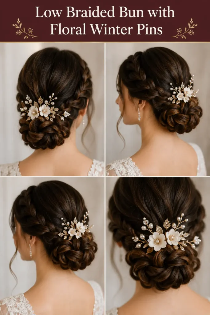 9. Low Braided Bun with Floral Winter Pins