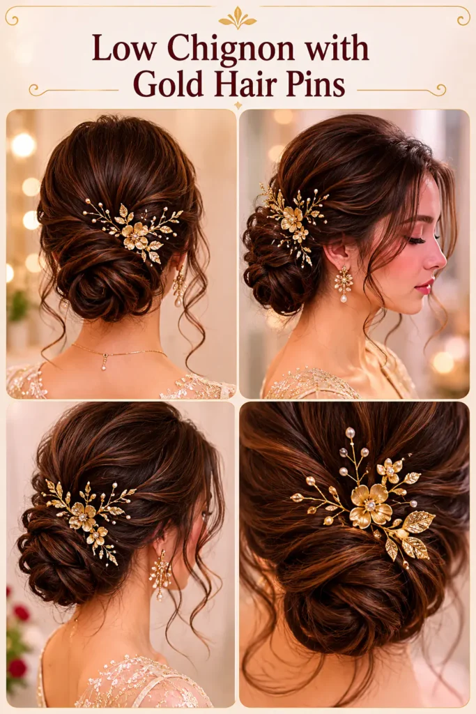 2. Low Chignon with Gold Hair Pins