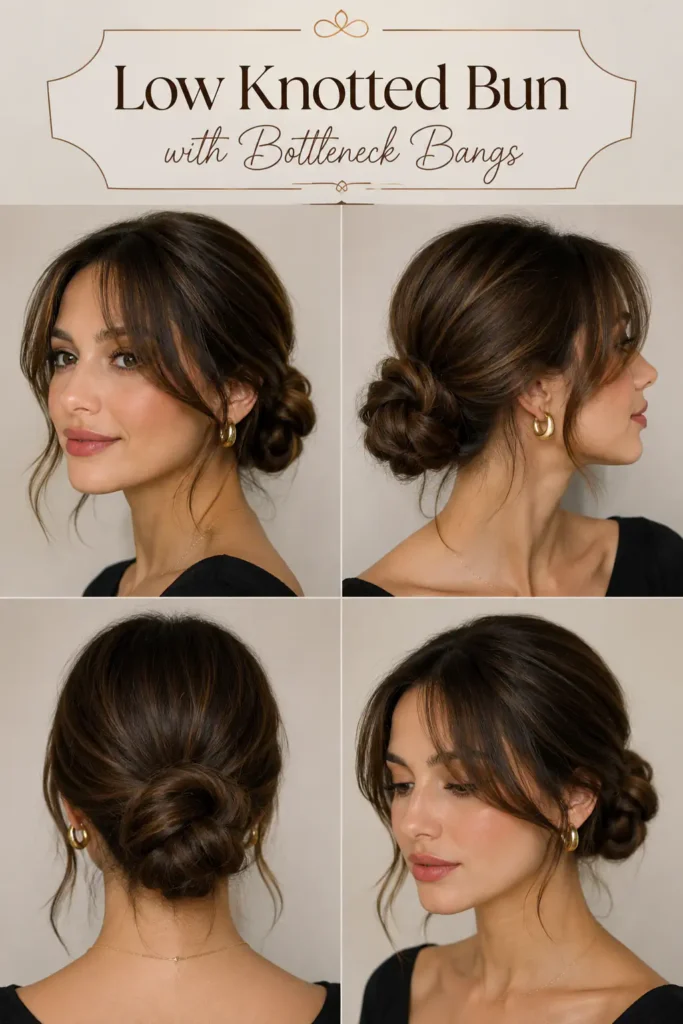 14. Low Knotted Bun with Bottleneck Bangs